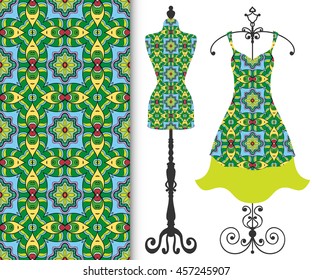 Vector fashion illustration, tailor's dummy for female body, women's dress on a hanger and seamless floral geometric pattern with repeating texture. Isolated elements for print, invitation card design