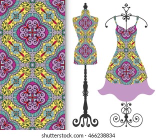 Vector fashion illustration, tailor's dummy for female body, women's dress on a hanger and seamless floral geometric pattern with repeating texture. Isolated elements for print, invitation card design