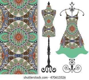 Vector fashion illustration, tailor's dummy for female body, women's dress on a hanger and seamless floral geometric pattern with repeating texture. Isolated elements for print, invitation card design