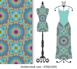 Vector fashion illustration, tailor's dummy for female body, women's dress on a hanger and seamless floral geometric pattern with repeating texture. Isolated elements for print, invitation card design
