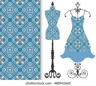 Vector fashion illustration, tailor's dummy for female body, women's dress on a hanger and seamless floral geometric pattern with repeating texture. Isolated elements for print, invitation card design