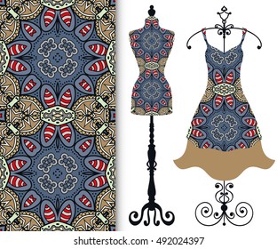 Vector fashion illustration, tailor's dummy for female body, women's dress on a hanger and seamless floral geometric pattern with repeating texture. Isolated elements for print, invitation card design