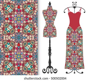 Vector fashion illustration, tailor's dummy for female body, women's dress on a hanger and seamless floral geometric pattern with repeating texture. Isolated elements for print, invitation card design