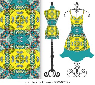 Vector fashion illustration, tailor's dummy for female body, women's dress on a hanger and seamless floral geometric pattern with repeating texture. Isolated elements for print, invitation card design