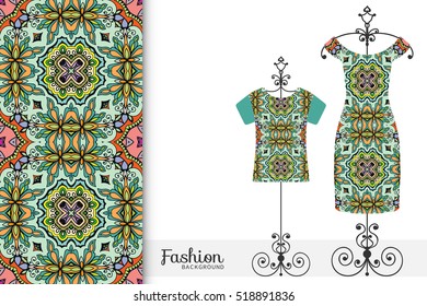 Vector fashion illustration, tailor's dummy for female body, women's dress on a hanger and seamless floral geometric pattern with repeating texture. Isolated elements for print, invitation card design