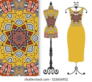 Vector fashion illustration, tailor's dummy for female body, women's dress on a hanger and seamless floral geometric pattern with repeating texture. Isolated elements for print, invitation card design