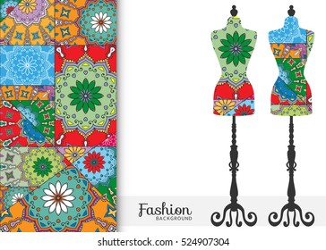 Vector Fashion illustration. Tailor's dummy for female body and vertical floral patchwork pattern. Vintage decorative elements. Colorful textile collage background in mosaic style, fashion collection