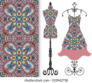 Vector fashion illustration, tailor's dummy for female body, women's dress on a hanger and seamless floral geometric pattern with repeating texture. Isolated elements for print, invitation card design