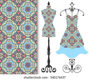 Vector fashion illustration, tailor's dummy for female body, women's dress on a hanger and seamless floral geometric pattern with repeating texture. Isolated elements for print, invitation card design