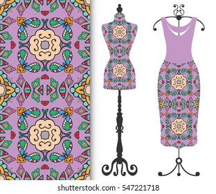 Vector fashion illustration, tailor's dummy for female body, women's dress on a hanger and seamless floral geometric pattern with repeating texture. Isolated elements for print, invitation card design