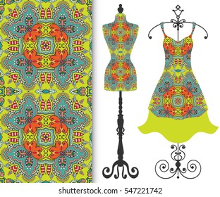 Vector fashion illustration, tailor's dummy for female body, women's dress on a hanger and seamless floral geometric pattern with repeating texture. Isolated elements for print, invitation card design