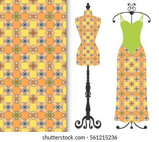 Vector fashion illustration, tailor's dummy for female body, women's dress on a hanger and seamless floral geometric pattern with repeating texture. Isolated elements for print, invitation card design