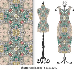 Vector fashion illustration, tailor's dummy for female body, women's dress on a hanger and seamless floral geometric pattern with repeating texture. Isolated elements for print, invitation card design