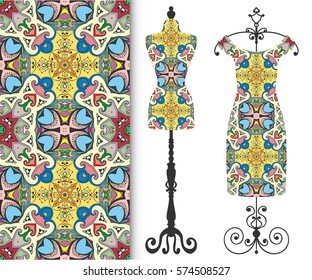 Vector fashion illustration, tailor's dummy for female body, women's dress on a hanger and seamless floral geometric pattern with repeating texture. Isolated elements for print, invitation card design