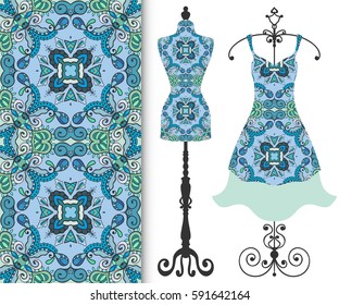 Vector fashion illustration, tailor's dummy for female body, women's dress on a hanger and seamless floral geometric pattern with repeating texture. Isolated elements for print, invitation card design