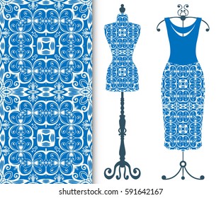Vector fashion illustration, tailor's dummy for female body, women's dress on a hanger and seamless floral geometric pattern with repeating texture. Isolated elements for print, invitation card design
