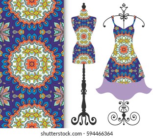 Vector fashion illustration, tailor's dummy for female body, women's dress on a hanger and seamless floral geometric pattern with repeating texture. Isolated elements for print, invitation card design