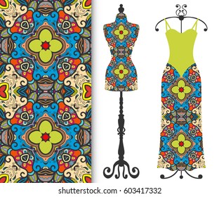 Vector fashion illustration, tailor's dummy for female body, women's dress on a hanger and seamless floral geometric pattern with repeating texture. Isolated elements for print, invitation card design