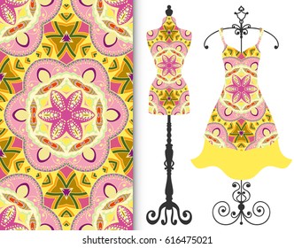 Vector fashion illustration, tailor's dummy for female body, women's dress on a hanger and seamless floral geometric pattern with repeating texture. Isolated elements for print, invitation card design