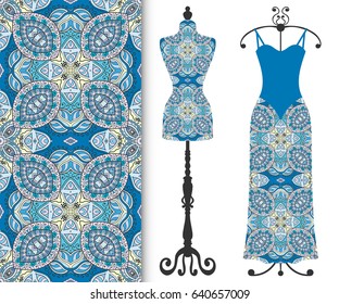 Vector fashion illustration, tailor's dummy for female body, women's dress on a hanger and seamless floral geometric pattern with repeating texture. Isolated elements for print, invitation card design