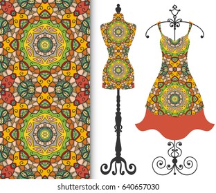 Vector fashion illustration, tailor's dummy for female body, women's dress on a hanger and seamless floral geometric pattern with repeating texture. Isolated elements for print, invitation card design