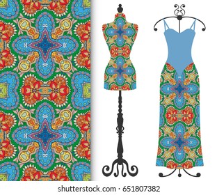 Vector fashion illustration, tailor's dummy for female body, women's dress on a hanger and seamless floral geometric pattern with repeating texture. Isolated elements for print, invitation card design