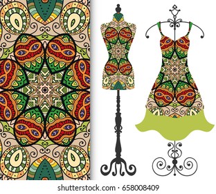 Vector fashion illustration, tailor's dummy for female body, women's dress on a hanger and seamless floral geometric pattern with repeating texture. Isolated elements for print, invitation card design