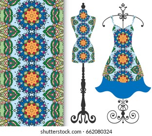 Vector fashion illustration, tailor's dummy for female body, women's dress on a hanger and seamless floral geometric pattern with repeating texture. Isolated elements for print, invitation card design