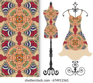 Vector fashion illustration, tailor's dummy for female body, women's dress on a hanger and seamless floral geometric pattern with repeating texture. Isolated elements for print, invitation card design