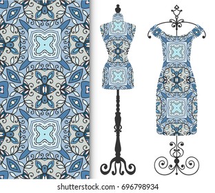 Vector fashion illustration, tailor's dummy for female body, women's dress on a hanger and seamless floral geometric pattern with repeating texture. Isolated elements for print, invitation card design
