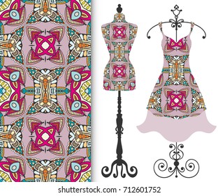 Vector fashion illustration, tailor's dummy for female body, women's dress on a hanger and seamless floral geometric pattern with repeating texture. Isolated elements for print, invitation card design