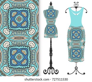 Vector fashion illustration, tailor's dummy for female body, women's dress on a hanger and seamless floral geometric pattern with repeating texture. Isolated elements for print, invitation card design