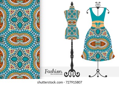 Vector fashion illustration, tailor's dummy for female body, women's dress on a hanger and seamless floral geometric pattern with repeating texture. Isolated elements for print, invitation card design