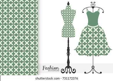 Vector fashion illustration, tailor's dummy for female body, women's dress on a hanger and colorful seamless geometric pattern, repeating texture. Isolated elements for print, invitation card design