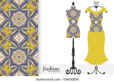 Vector fashion illustration, tailor's dummy for female body, women's dress on a hanger and seamless floral geometric pattern with repeating texture. Isolated elements for print, invitation card design