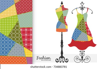 Vector fashion illustration, tailor's dummy for female body, women's dress on a hanger and patchwork pattern. Vintage decorative elements, colorful background in mosaic style for textile, paper print