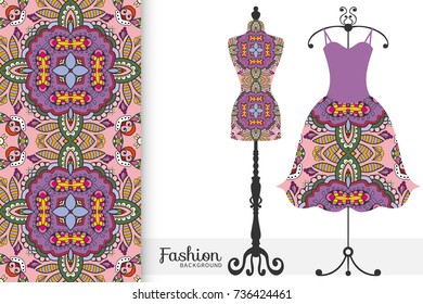 Vector fashion illustration, tailor's dummy for female body, women's dress on a hanger and seamless floral geometric pattern with repeating texture. Isolated elements for print, invitation card design