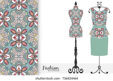 Vector fashion illustration, tailor's dummy for female body, women's dress on a hanger and seamless floral geometric pattern with repeating texture. Isolated elements for print, invitation card design