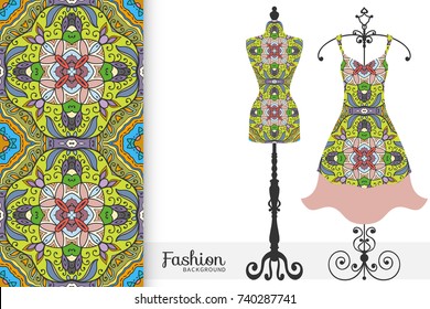 Vector fashion illustration, tailor's dummy for female body, women's dress on a hanger and seamless floral geometric pattern with repeating texture. Isolated elements for print, invitation card design