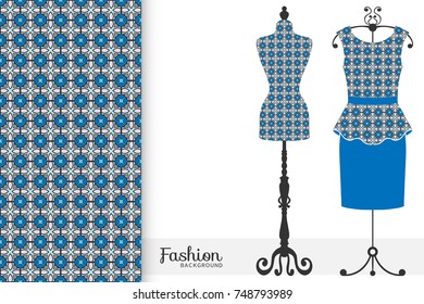 Vector fashion illustration, tailor's dummy for female body, women's dress on a hanger and seamless geometric pattern with repeating texture. Isolated elements for print, invitation card design