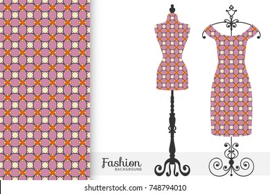 Vector fashion illustration, tailor's dummy for female body, women's dress on a hanger and seamless geometric pattern with repeating texture. Isolated elements for print, invitation card design