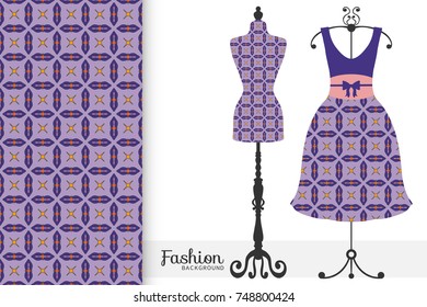 Vector fashion illustration, tailor's dummy for female body, women's dress on a hanger and seamless geometric pattern with repeating texture. Isolated elements for print, invitation card design