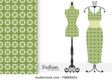 Vector fashion illustration, tailor's dummy for female body, women's dress on a hanger and seamless geometric pattern with repeating texture. Isolated elements for print, invitation card design