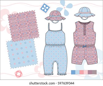 Vector Fashion Illustration of Toddler Girls' Rompers / Twp patterns saved in Pattern Swatches for textile and paper product / Isolated flat sketches and design elements in separate layers