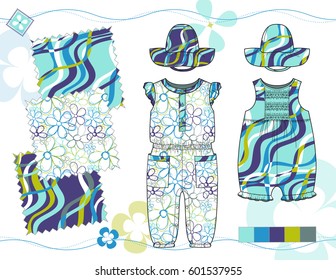 Vector Fashion Illustration of Toddler Girls' Outfits / Three repeat patterns saved in Pattern Swatches for textile and paper product / Isolated flat sketches and design elements in separate layers