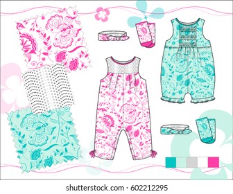 Vector Fashion Illustration of Toddler Girls' Outfit / Three patterns saved in Pattern Swatches for textile and paper product / Isolated flat sketches and design elements in separate layers