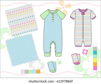 Vector Fashion Illustration of Toddler Girls' Outfit / Two repeat patterns saved in Pattern Swatches for textile and paper product / Isolated flat sketches and design elements in separate layers