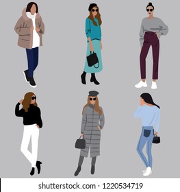 Vector fashion illustration of tredny modern pretty girls. Fall winter collection
