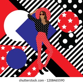 Vector fashion illustration of trendy modern girl in colorful suit and red hat on the geometry background