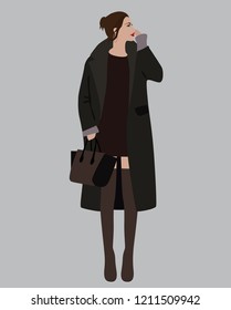 Vector fashion illustration of trendy modern girl in coat. Fall winter collection